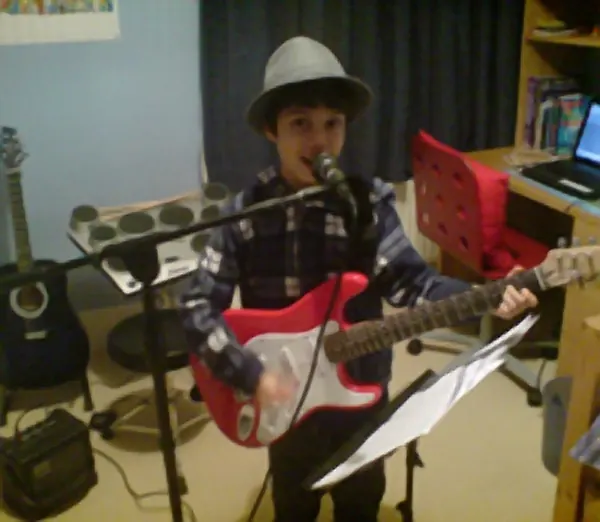 Enzo Libbert, an electric guitar student of guitar teacher Malcolm Callus in Rotherhithe, London