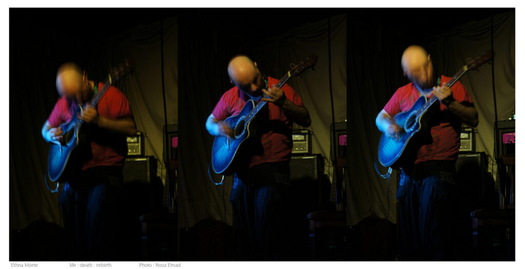 Three-frame sequence of Malcolm Callus playing electric guitar on stage with EthnaMorte