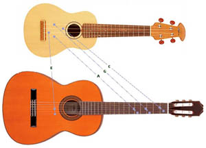 How the ukulele is tuned compared to a guitar, showing its four string pitches