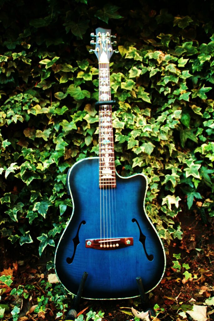Blue archtop steel-string acoustic guitar standing against an ivy-covered garden wall