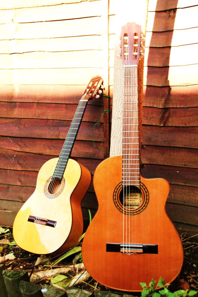 A flamenco guitar and a concert classical guitar side by side against a wooden garden fence