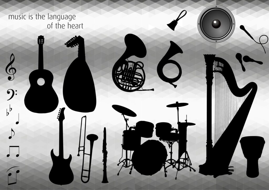 Silhouettes of musical instruments — guitar, harp, drum kit, brass and strings