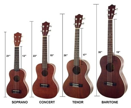 Ukulele size comparison chart showing soprano, concert, tenor and baritone ukuleles with their overall and scale lengths