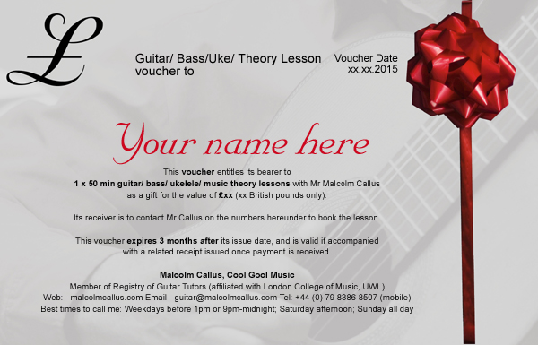 Sample Cool Gool Music gift voucher — a printable certificate for a 50-minute guitar, bass, ukulele or music theory lesson with Malcolm Callus